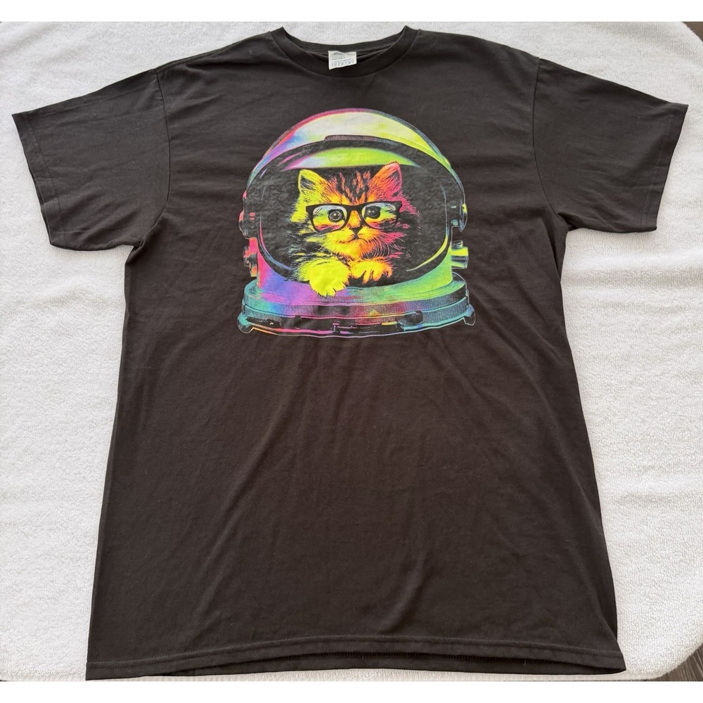 Space Cat T Shirt Tee Adult Medium Neon Astronaut Cat Lady Gift Fun Novelty